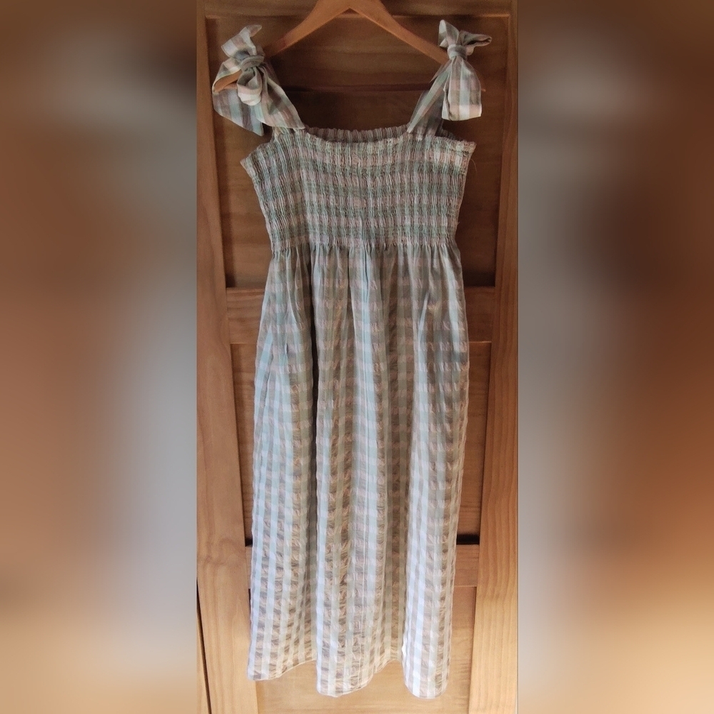 Mango Women's Shirred Searsucker Sundress | Sage Gingham | Medium - Picture 4 of 7